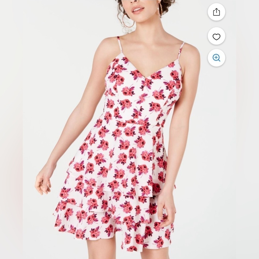 B. Darlin White & Pink Floral Mini Dress Tiered Spaghetti Straps Juniors 3/4